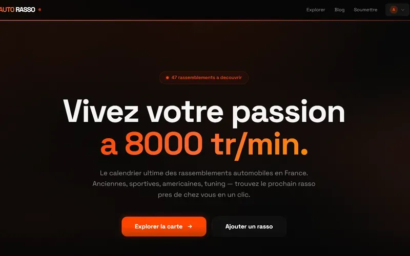 Page d'accueil d'AutoRasso, l'agenda des rassemblements automobiles en France
