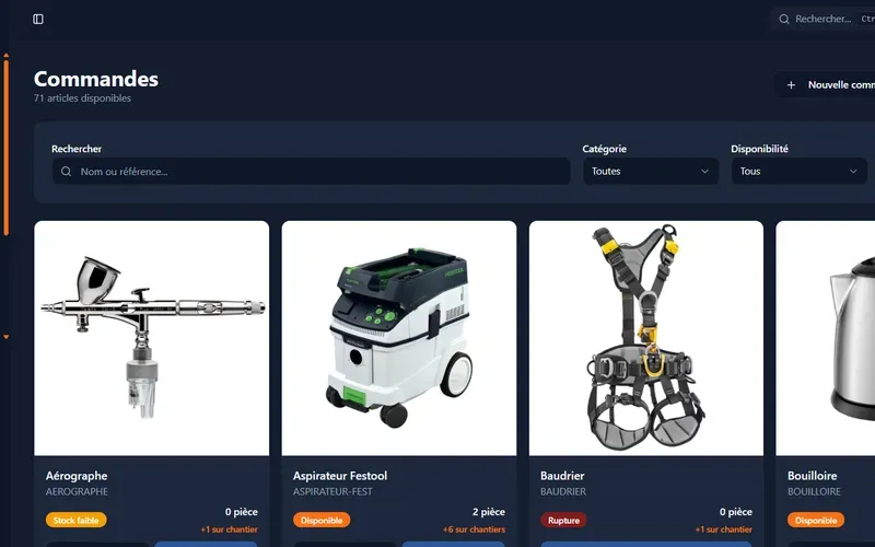 Interface logiciel de gestion de stock et suivi de chantiers sur mesure - Webomax
